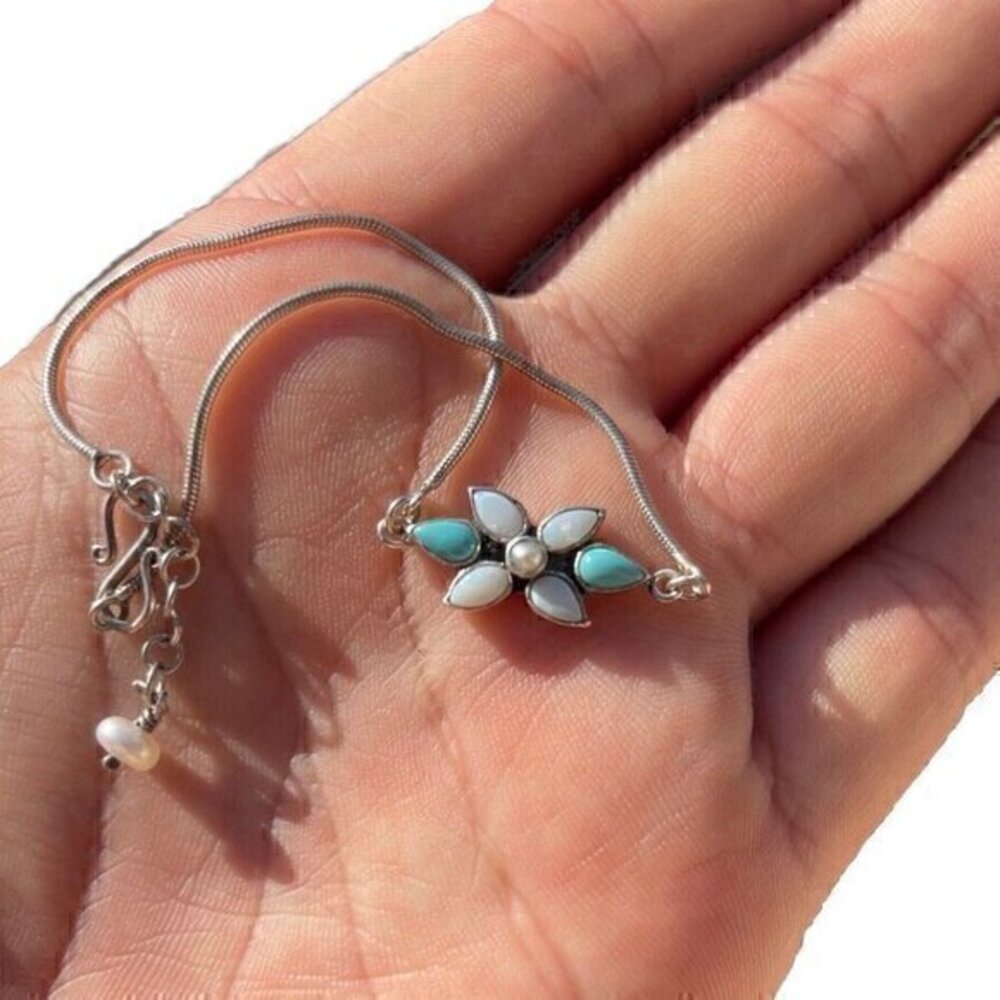 Native American Zuni Sterling Silver Turquoise MOP Flower Bracelet 925 SI Vtg